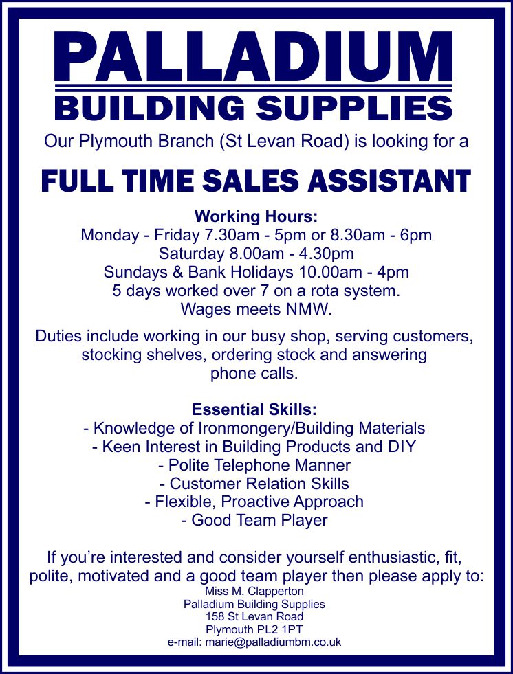 Our Plymouth Branch is looking for a Full Time Sales Assistant