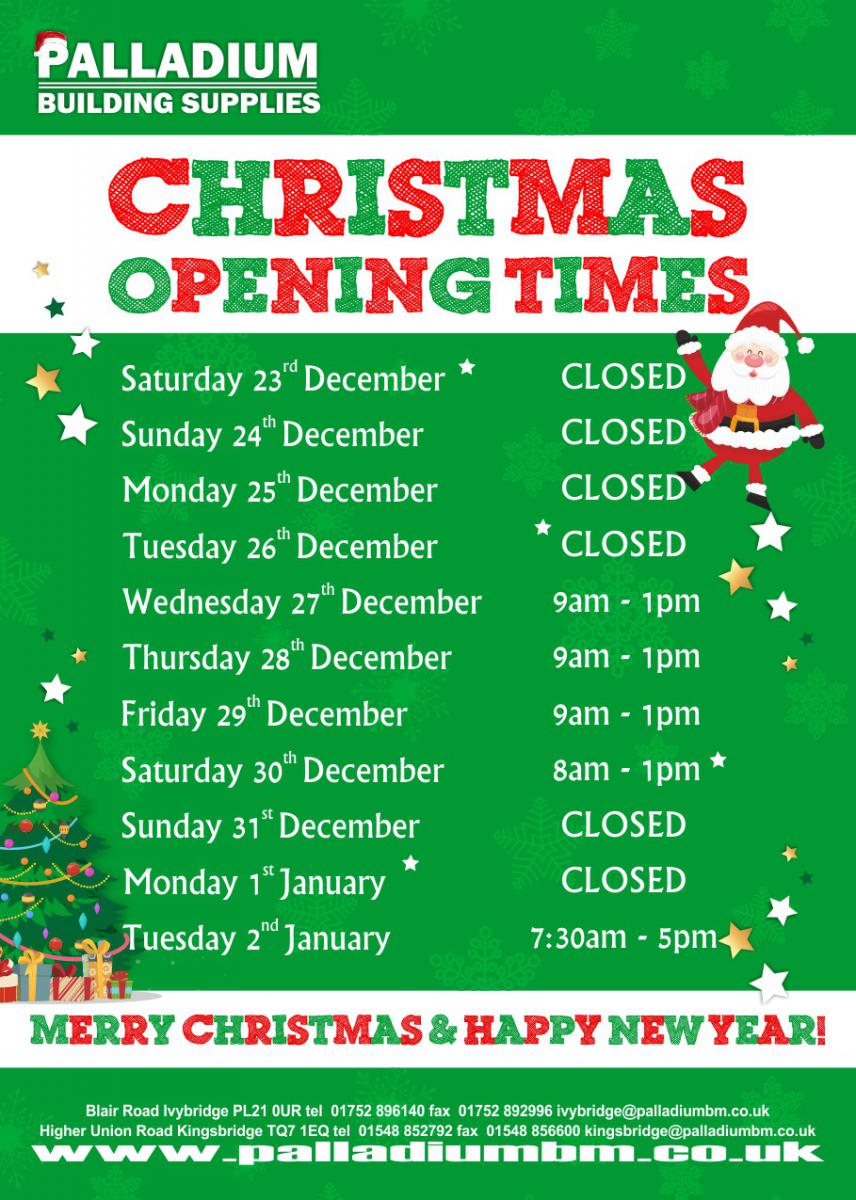 Palladium Christmas and New Year Opening Times 2023