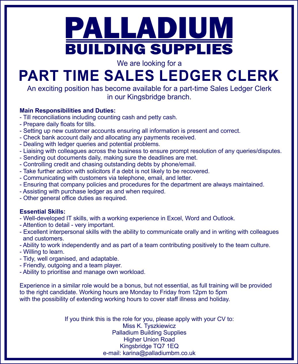 Part Time Sales Ledger Clerk