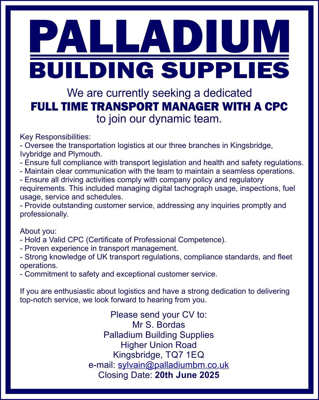 Transport Manager with CPC Job